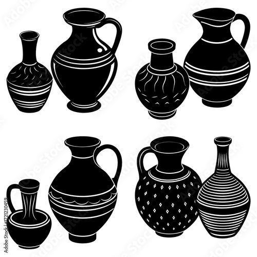 Illustration of a collection of six black and white vases and pitchers with decorative patterns and unique shapes