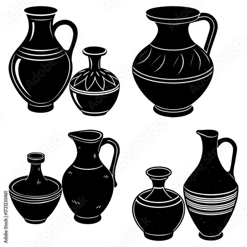 A collection of black and white vector illustrations of various shaped vases and pitchers in a simple style