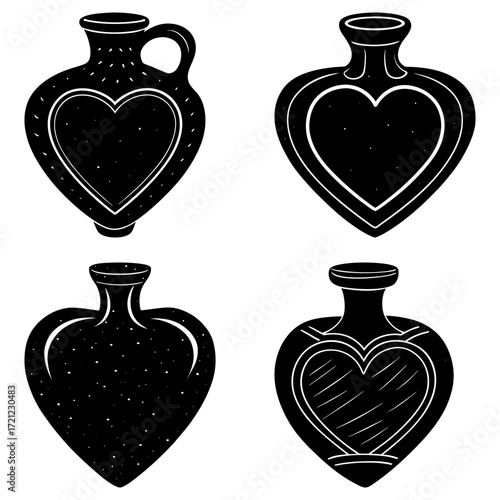 Four heart shaped vases or bottles in black and white with unique designs and varying neck shapes