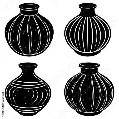 Four black and white vases with different designs in a square formation on a white background art drawing