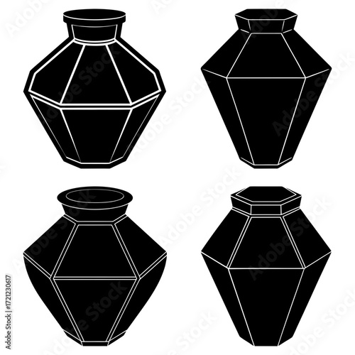 Four black geometric vases with different designs and outlines displayed in a square arrangement on white
