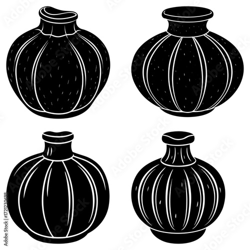 Four black and white vases with vertical lines and unique shapes in a square arrangement on white background