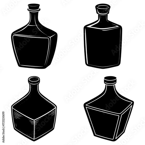 Four black and white liquor bottles with different shapes and sizes in a graphic illustration style