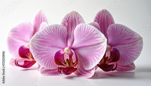 Close-up macro shot of pink Phalaenopsis orchid flowers. Delicate petals with intricate stripes on clean white background. Tropical flora, botanical beauty, nature elegance. Suitable for spa, decor,