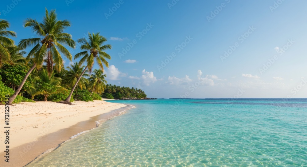 Fototapeta premium Idyllic tropical beach with white sand, palm trees, and clear turquoise ocean water.