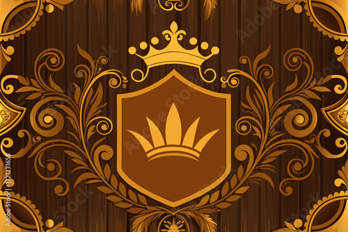 Ornate Golden Crest with Crown and Flourishes on Wood Grain Background shield
