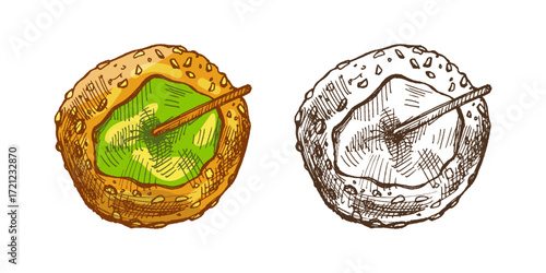 Hand drawn vintage sketch of caramel apple with sesame coating and wooden stick in color and monochrome version