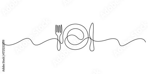 Minimalist continuous one line drawing of a plate fork knife and spoon isolated on white background vector illustration