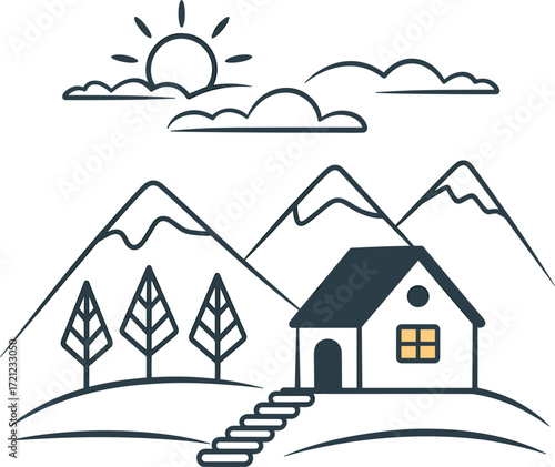 Stylized House With Mountains Trees Sun And Clouds home landscape