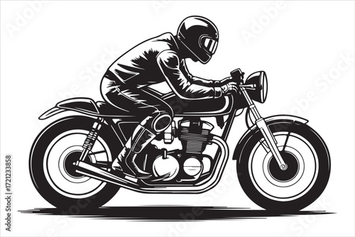 Biker Riding Vintage Motorcycle – Black and White Art