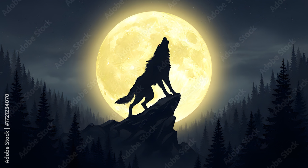 Fototapeta premium Majestic wolf howls at a luminous full moon from a rocky outcrop under a starry night sky.