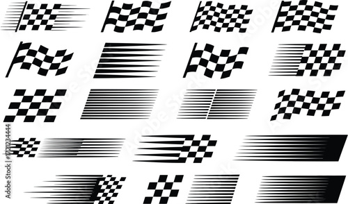 Diverse collection of monochrome checkered flag graphics featuring motion effect streaks for race themes