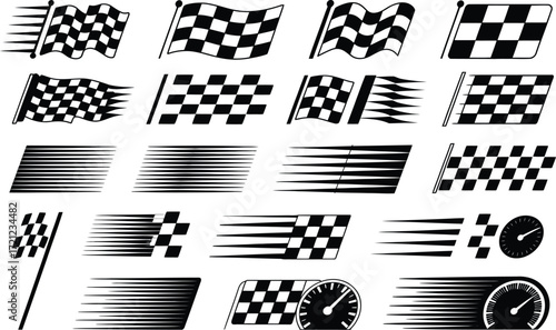 Racing Flags and Speed Elements Black and White Vector Illustrations