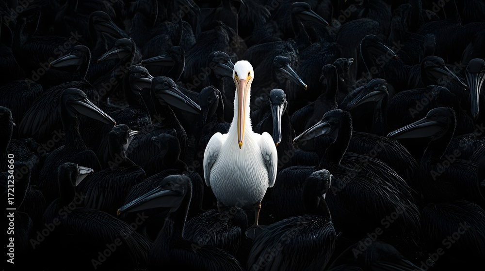 Fototapeta premium Photograph of a solitary white pelican stands out against a dark backdrop of numerous black birds.