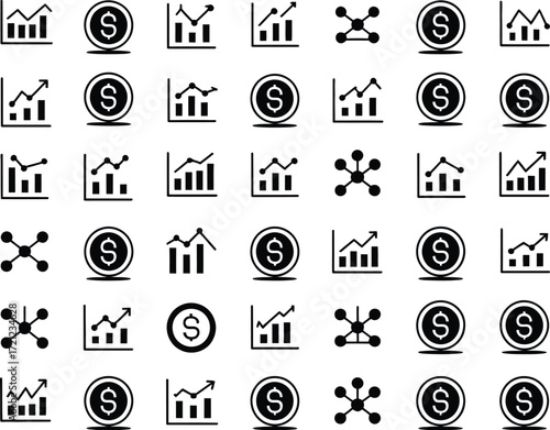 Essential vector icons for robust financial analysis and business growth, depicting market trends, data visualization, and strategic connections with timeless clarity