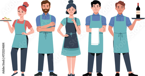 Group of waiters wearing aprons standing in a row smiling