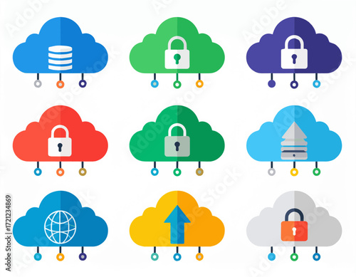 Modern flat vector cloud technology icons in a tidy 3x3 grid, with bright colors, bold lines, and simple shapes, perfect for IT, software, and web projects