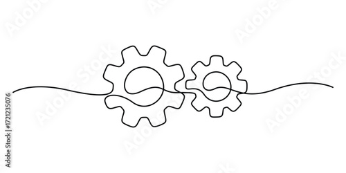 Gears continuous one line drawing. Continuous single line illustration of gears wheels. Two moving cog gear. Vector illustration