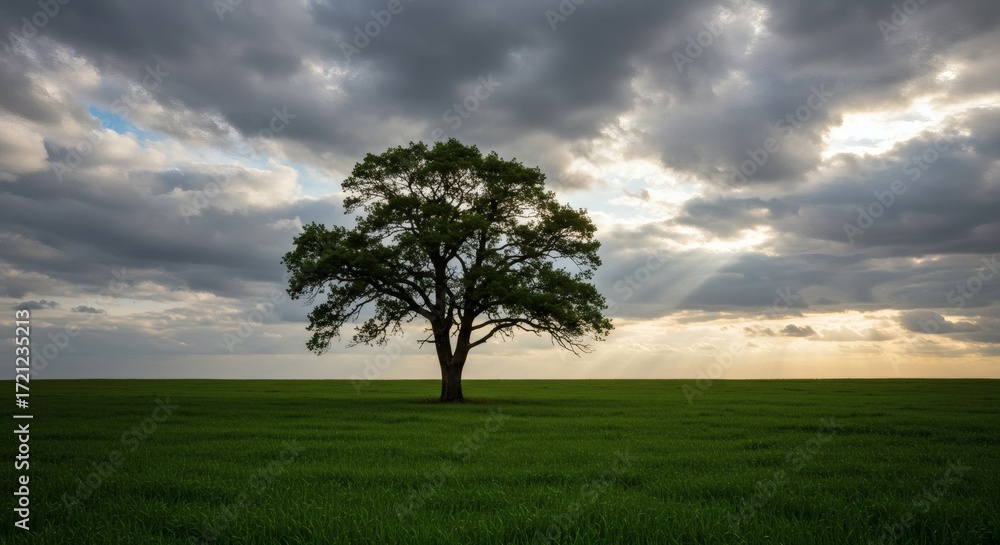 Obraz premium A solitary tree stands in a vast green field under a dramatic, cloudy sky with sunlight.