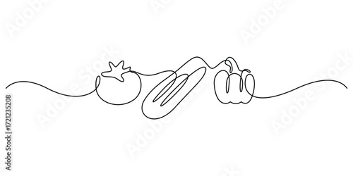 Continuous one line drawing of various vegetables and fruits on transparent background. Doodle vector illustration