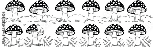 Black and white illustration of twelve spotted mushrooms in grassy field, natural outdoor setting, botanical drawing, fungi pattern, vintage style