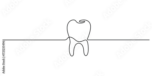 Continuous one line drawing of tooth dental clinic and care concept, Single line drawing of a tooth, One continuous line art anatomical human tooth silhouette. Vector illustration