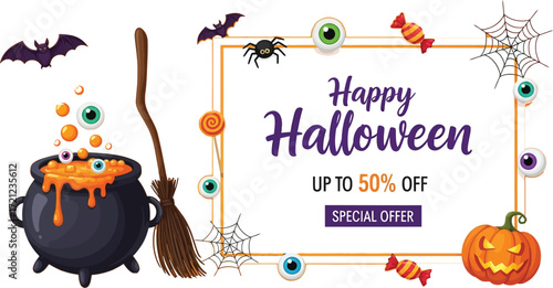 Spooky Halloween sale with cauldron, bats, and pumpkin offering special discounts
