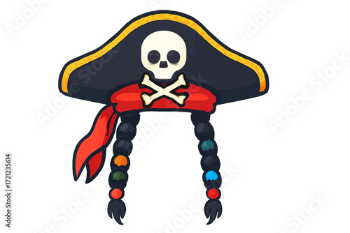Pirate hat with skull and crossbones red bandana and braided hair with colorful beads in flat vector style illustration isolated on white background