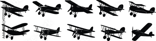 Vintage Black Silhouette Biplane Collection, Classic Aircraft Designs, Perfect for Aviation Art, 20 Unique Styles