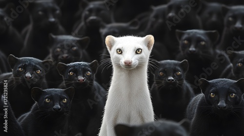Photograph of a white-tailed ptarmigan standing amidst a multitude of black cats.