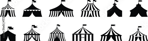 Black and white circus tent silhouettes, vintage carnival vector, striped designs, scalloped edges, pointed tops, flags, graphic illustration, icon set