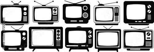 Vintage television set collection, retro TV designs, black and white screens, analog dials, classic antennas, mid-century electronics, nostalgic broadcast technology