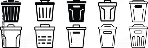 Trash can icon set, black and white garbage bin symbols, waste container illustrations, recycling bin graphics, minimal design, vector art