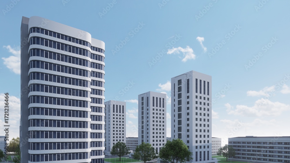 Fototapeta premium 3d Modern skyscraper cityscape with white high rise apartments and office towers, glass windows, blue sky and green trees. Perfect for real estate, property, architecture, and urban development.