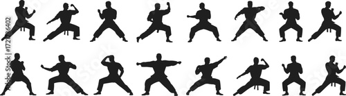Martial arts silhouette poses, black figure training stances, karate kick block punch, combat movement, self-defense technique, athletic discipline, fitness
