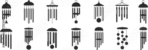 Wind chime silhouette collection, decorative hanging chimes, black vector icons, minimalist design, garden decor, peaceful sound, meditation art, zen