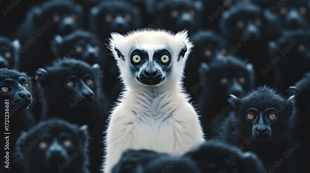 Naklejka premium Digital illustration of a single lemur stands apart from a dense crowd of similar, dark lemurs.