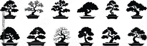 Bonsai tree silhouette collection, black vector icons, Japanese miniature plants, elegant pruning styles, zen garden art, isolated illustrations set