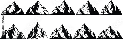 Black and white mountain peak illustrations, jagged rocky summits, graphic alpine silhouettes, snow-covered highlands, minimalist nature design elements, vector icons
