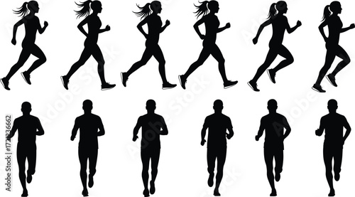 Running silhouettes of men and women, athletic motion, fitness poses, jogging figures, sports movement, black vector runners, dynamic action illustration