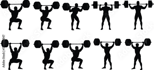 Weightlifting silhouette sequence, barbell clean and jerk motion, fitness training, Olympic lift technique, strength exercise, gym workout illustration