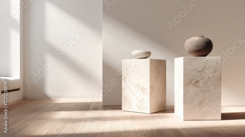 Minimalist interior design with ceramic vases on marble pedestals