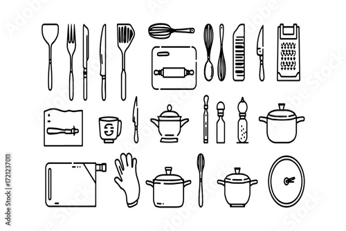 Vector icon illustration set of cooking utensils, kitchen tools, and restaurant symbols