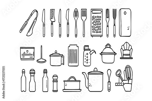 Kitchen tool icons and vector illustrations are a useful set of equipment designs for food and cooking