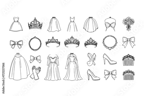Vector illustrations of bride and groom wedding icons, featuring vintage-style silhouettes of a dress, gown, and other stylish clothes