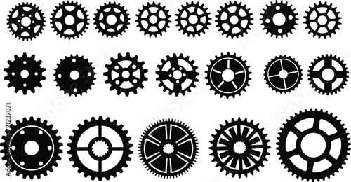 Mechanical gear illustration set, black and white vector icons, engineering components, industrial design elements, cogwheel collection, technical drawing reference