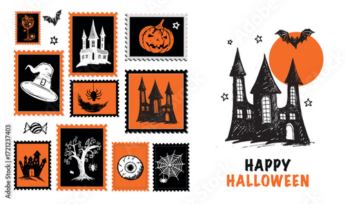 Halloween Stamps, mail, postcard hand drawn illustration on white	
