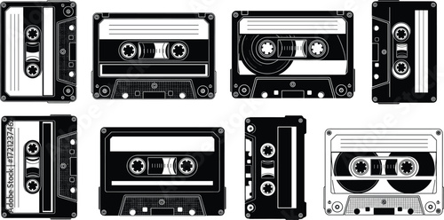 Retro vintage audio cassette tape collection, black and white music recording device, nostalgic sound storage, old analog tape recorder, classic