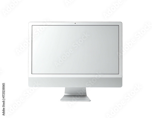 Front view of a light gray all-in-one computer monitor with a blank screen