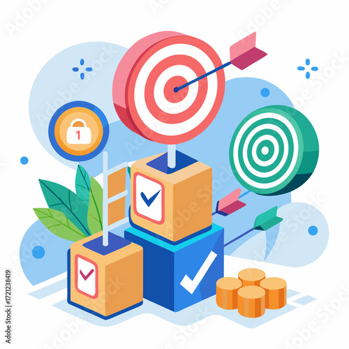 Action plan and goal achievement concept. Wooden blocks displaying icons of targets, check marks and goal completion. Progress tracking, strategic planning and achievement of objectives in business.